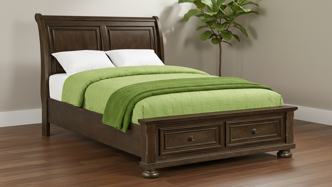 Wooden bed with green bedding and white pillows in a room setting.