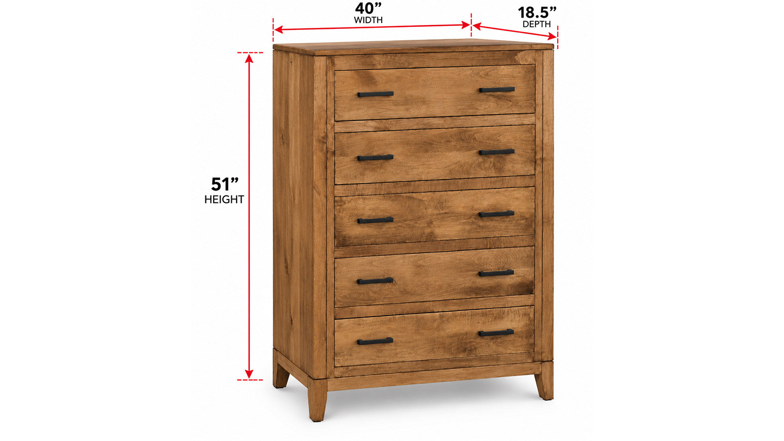 A 5-drawer wooden chest of drawers with dimension overlays showing 51 inches height, 40 inches width, and 18.5 inches depth, on a white background.