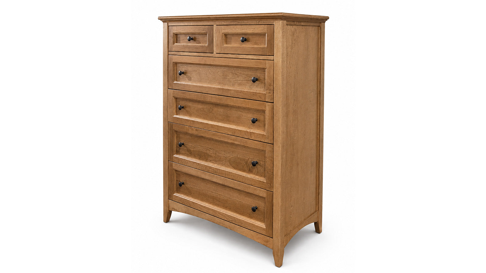 A five-drawer wooden chest of drawers in a warm medium brown finish, featuring dark metal drawer pulls, shown on a plain white background.