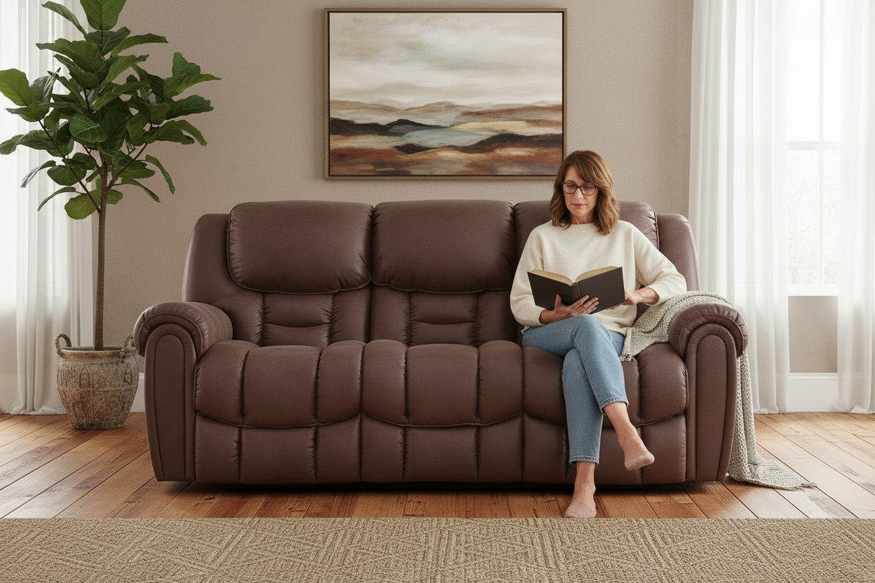 Brown leather sofa in a living room with a painting on the wall and a plant.