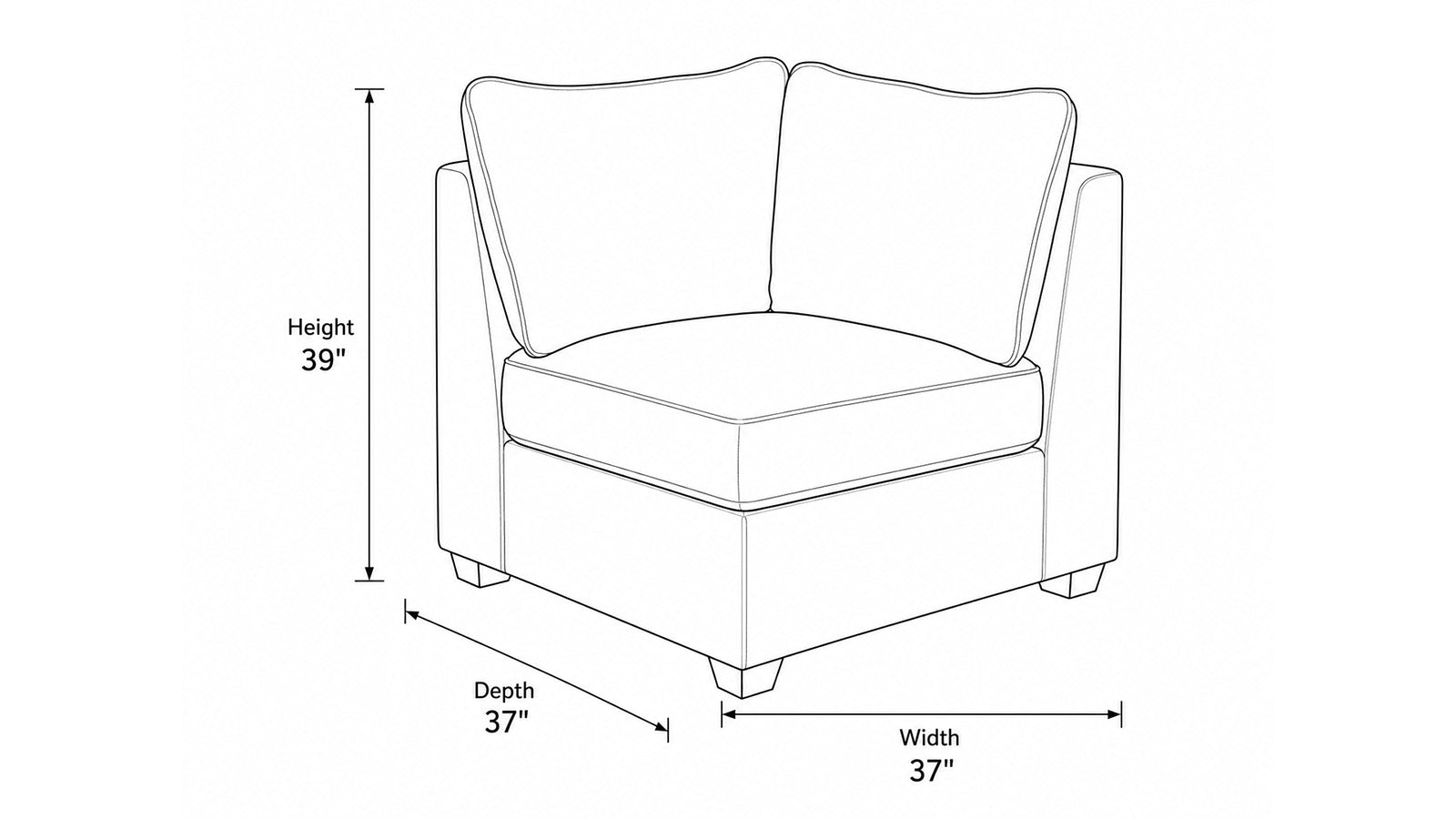 Black and white line drawing of a two-seat armchair with dimension labels showing height 39 inches, depth 37 inches, and width 37 inches.