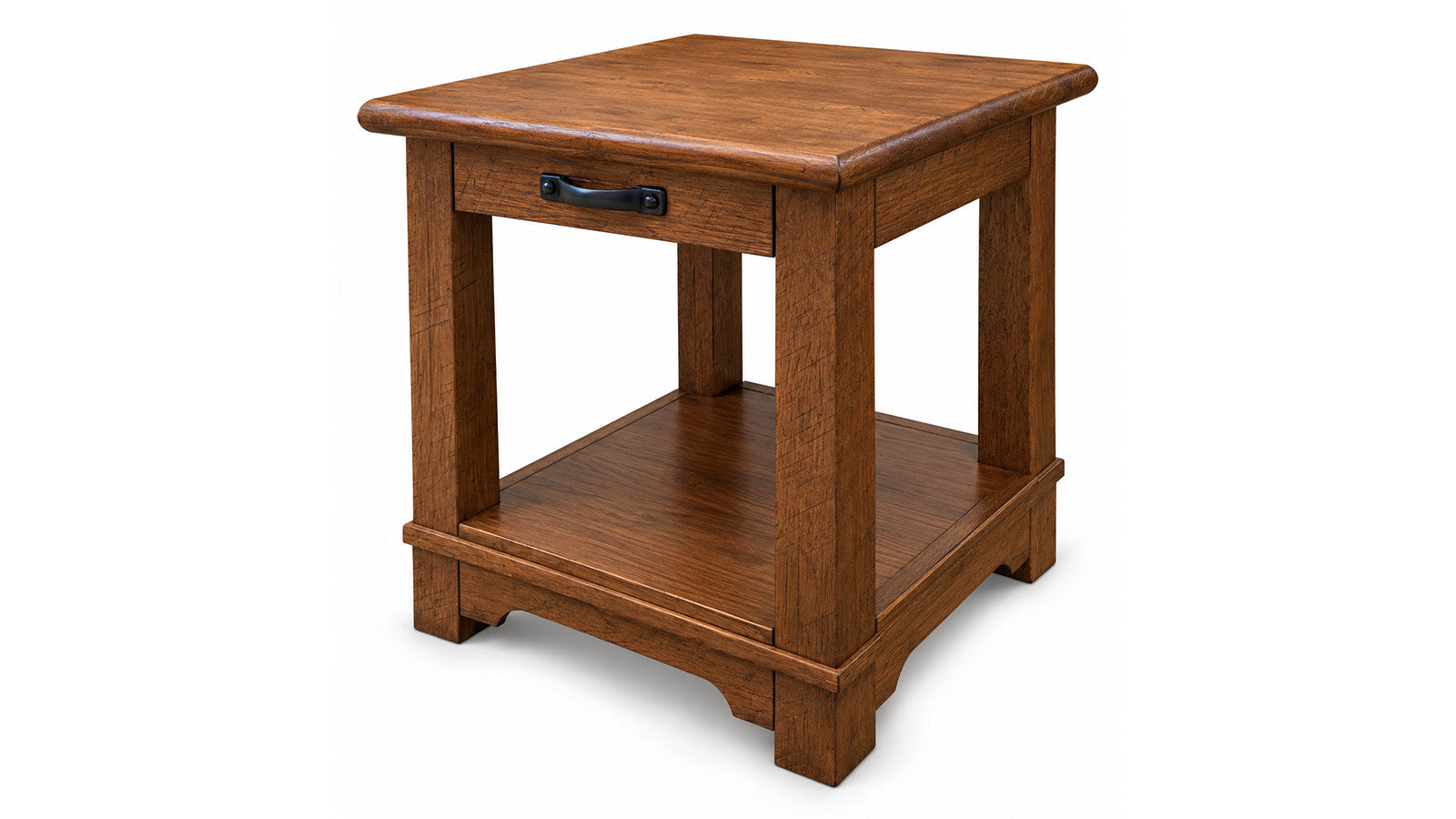 A square wooden end table with a single drawer, open lower shelf, and dark metal pull handle, shown on a plain white background.