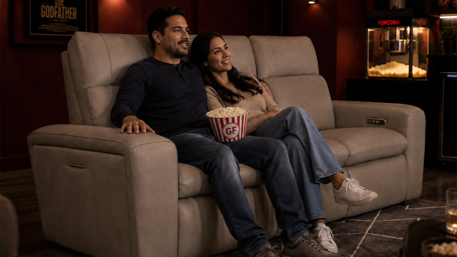 Man and woman sitting on a couch with popcorn, watching a movie in a theater setting.