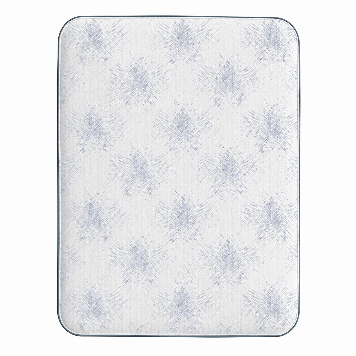 Funda de colchón blanca con un estampado azul sobre fondo blanco