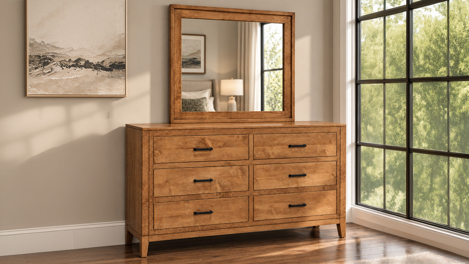 Modern Almond Amish Solid Wood Dresser and Mirror