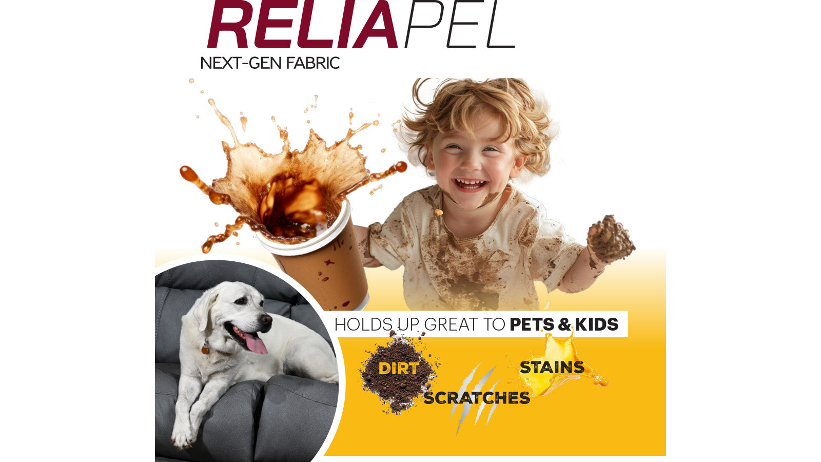 Advertisement for Reliapel fabric with a child, dog, and coffee cup on a white background