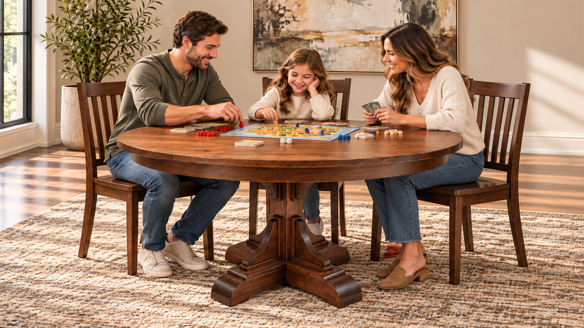 A family of four is gathered around a round wooden dining table in a bright, modern dining room. The table features a carved pedestal base and is surrounded by four matching wooden slat-back chairs.