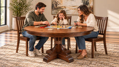 A family of four is gathered around a round wooden dining table in a bright, modern dining room. The table features a carved pedestal base and is surrounded by four matching wooden slat-back chairs.