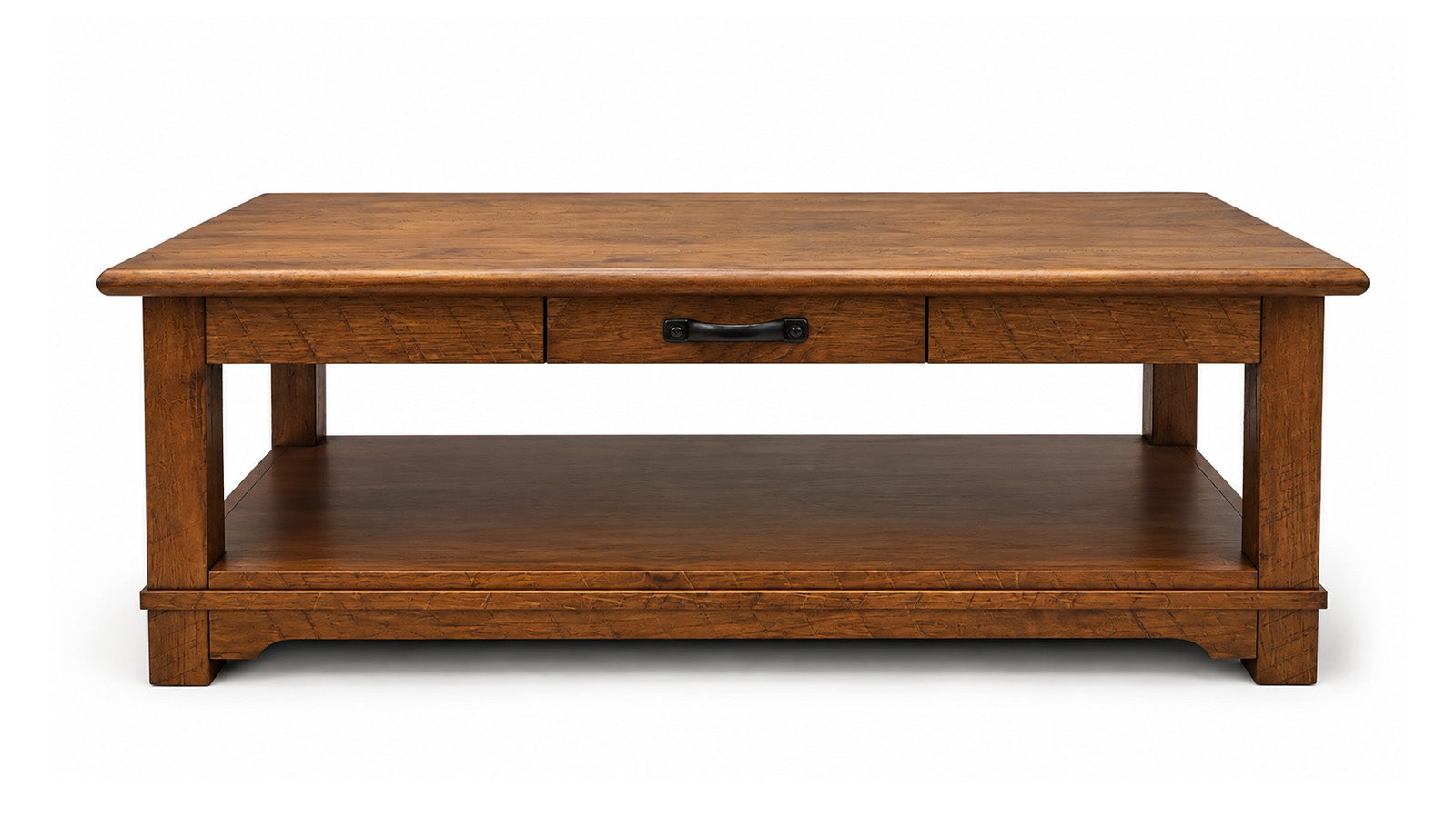 A rustic wooden coffee table with a medium brown finish, featuring a single drawer with a black metal pull handle and an open lower shelf, shown against a plain white background.