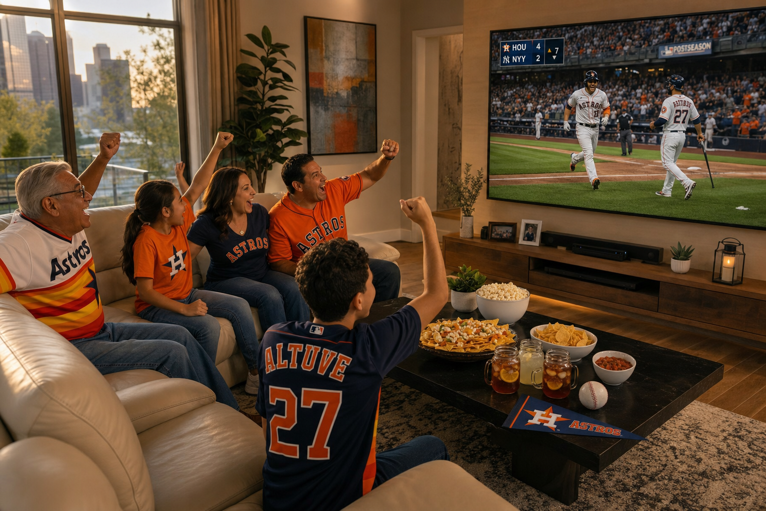 Houston family cheering during an Astros playoff game on a cream leather sectional