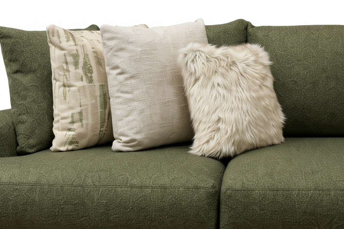 Decorative throw pillows styled on Rio Spinach green chofa