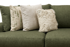 Decorative throw pillows styled on Rio Spinach green chofa