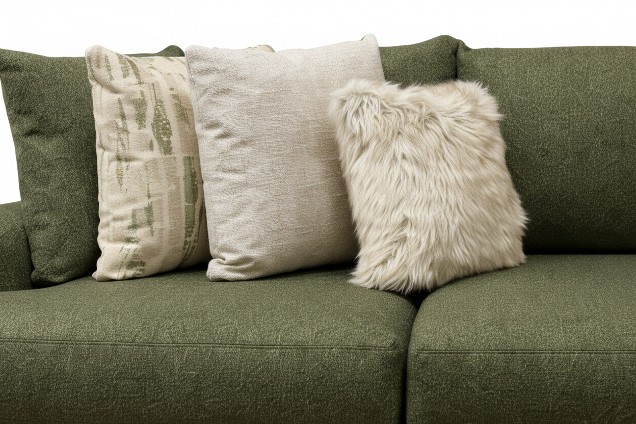 Decorative throw pillows styled on Rio Spinach green chofa