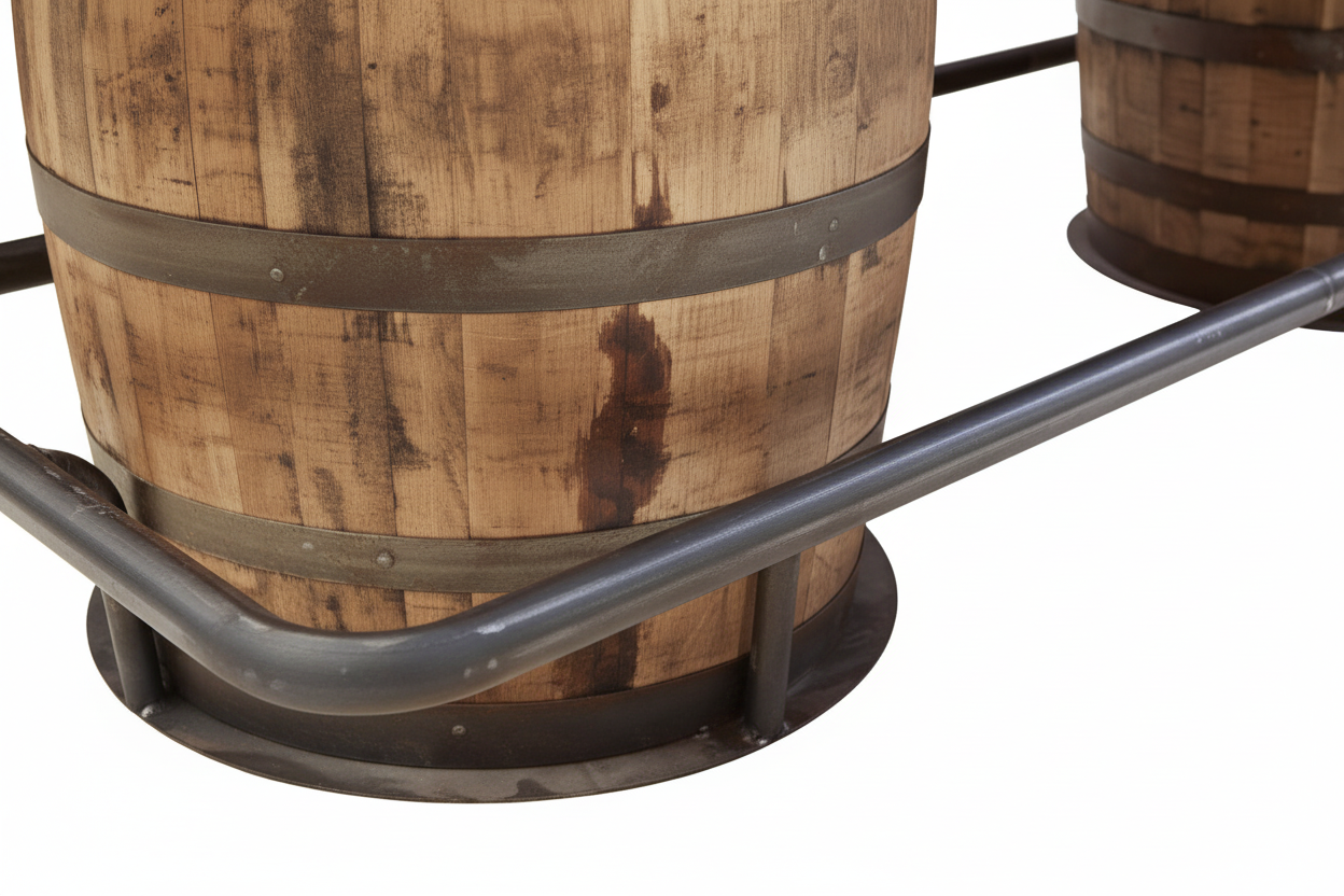 Detalle en primer plano del reposapiés metálico y la estructura del barril de whisky.