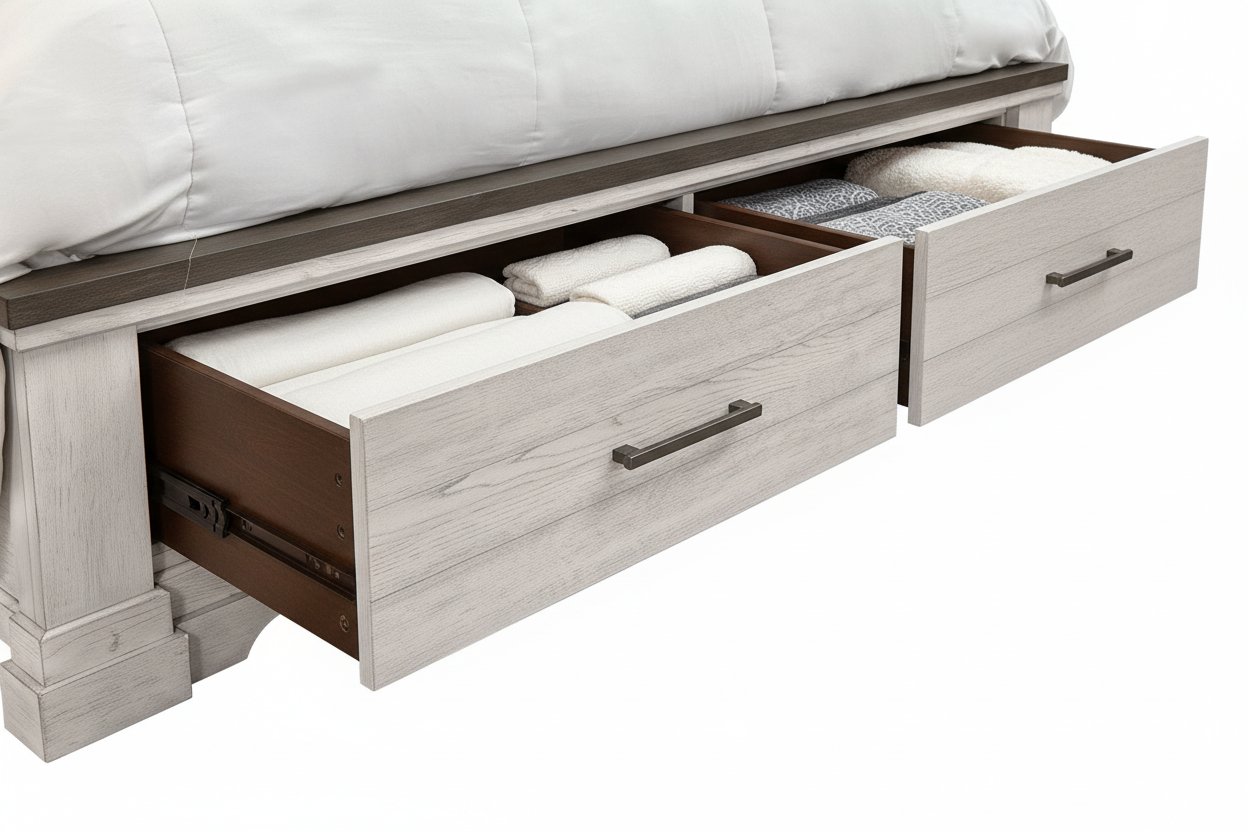 Close-up of High Plains bed footboard storage drawers with white wash fronts and darker wood sides