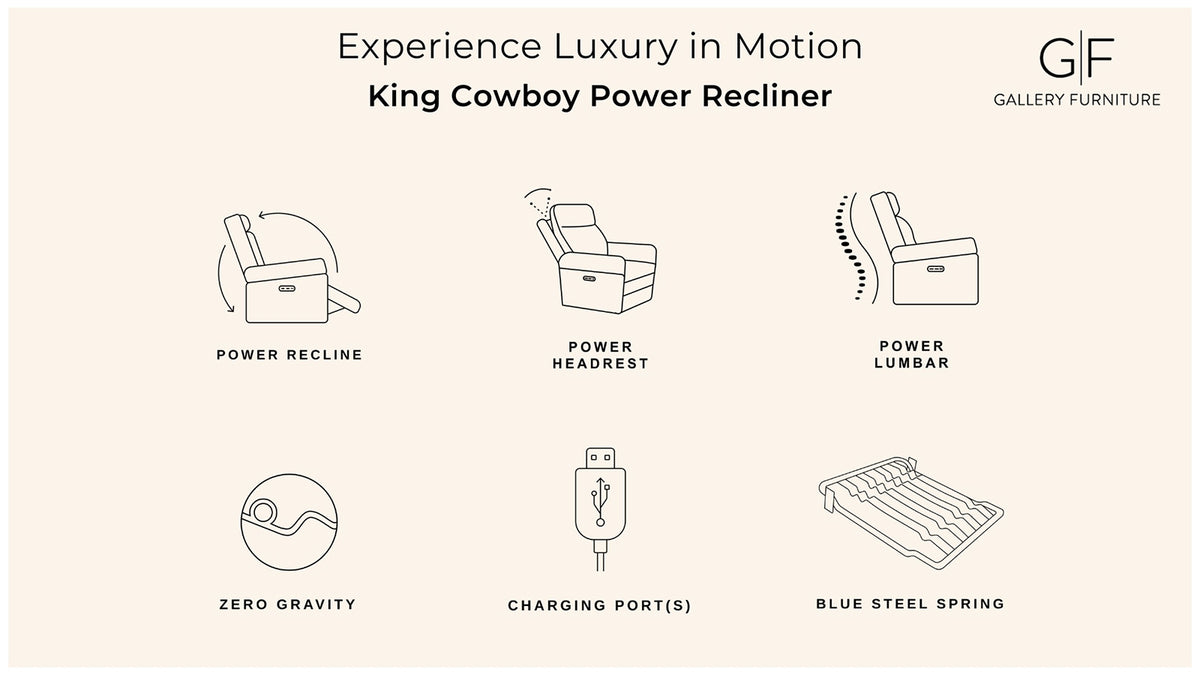 King Cowboy Saddle Brown Leather Match Power Recliner – Upholstered Living Room Chair| Gallery Furniture