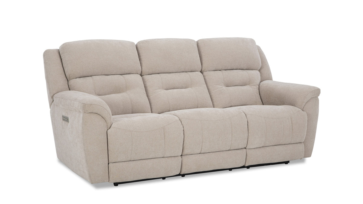 A beige power reclining sofa with multiple seats, featuring a modern design with a padded backrest and seat at an angle.