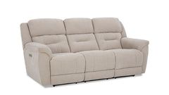 A beige power reclining sofa with multiple seats, featuring a modern design with a padded backrest and seat at an angle.