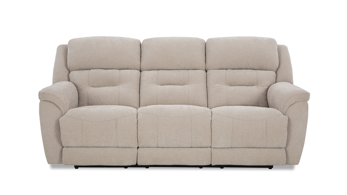 A beige power reclining sofa with multiple seats, featuring a modern design with a padded backrest and seat.