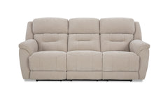 A beige power reclining sofa with multiple seats, featuring a modern design with a padded backrest and seat.