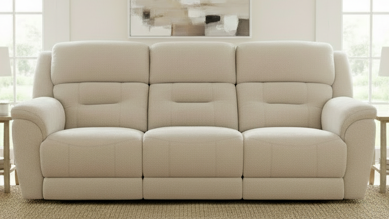 Beige sofa in a room with large windows and a mirror on the wall.