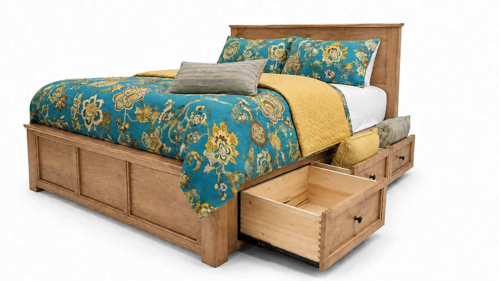 King Size Lake Houston Amish Solid Maple Wood in Almond Stain 6 Drawer Side Storage Bed