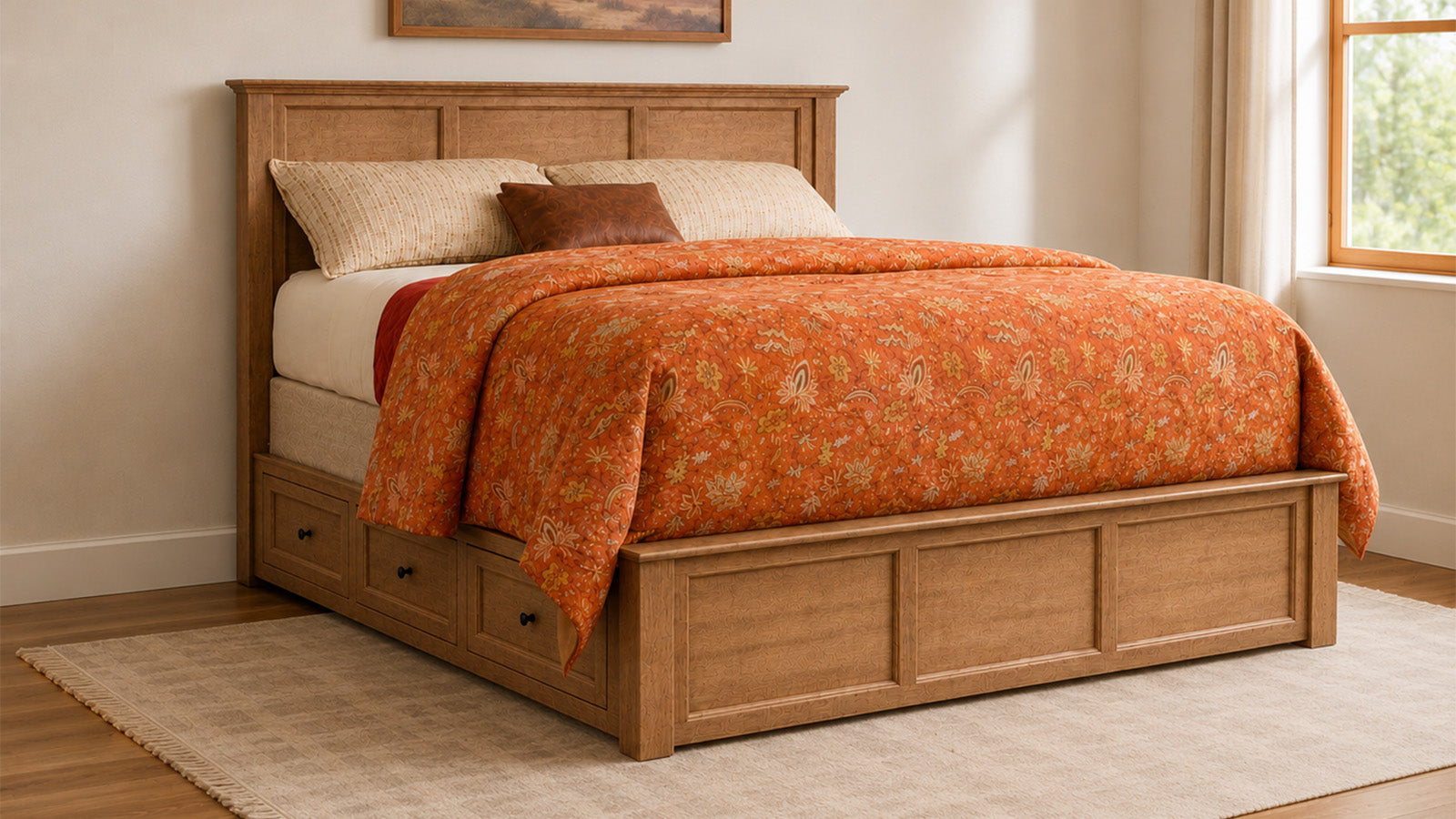 King Size Lake Houston Amish Solid Maple Wood in Almond Stain 6 Drawer Side Storage Bed