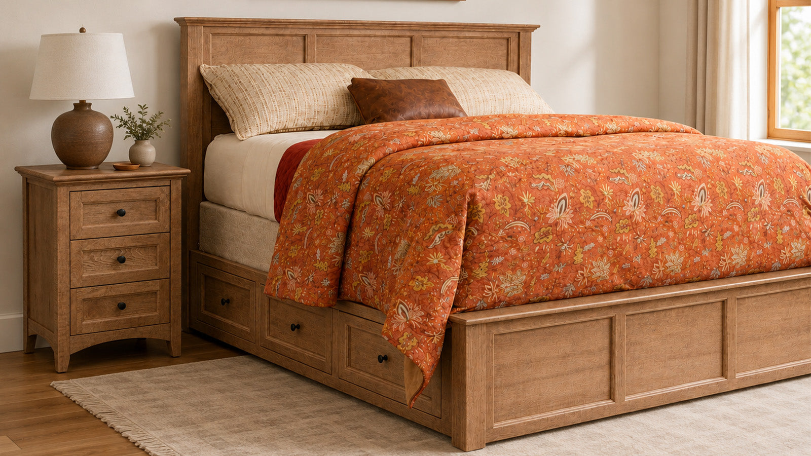 King Size Lake Houston Amish Solid Maple Wood in Almond Stain 6 Drawer Side Storage Bed