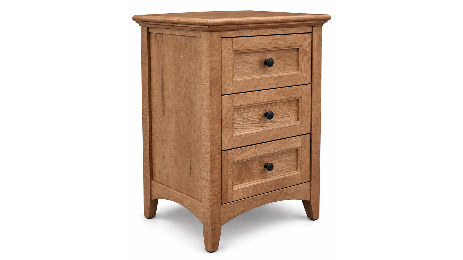 A three-drawer wooden nightstand with a warm medium-brown finish, featuring three drawers with inset panels and small round black knobs, set against a plain white background.