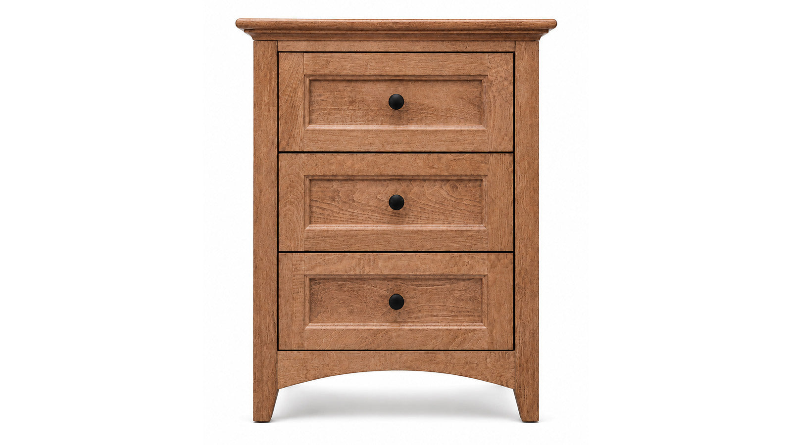 A three-drawer wooden nightstand or dresser in a warm medium brown finish, featuring three drawers with inset panel fronts and small round black knobs, shown against a plain white background.