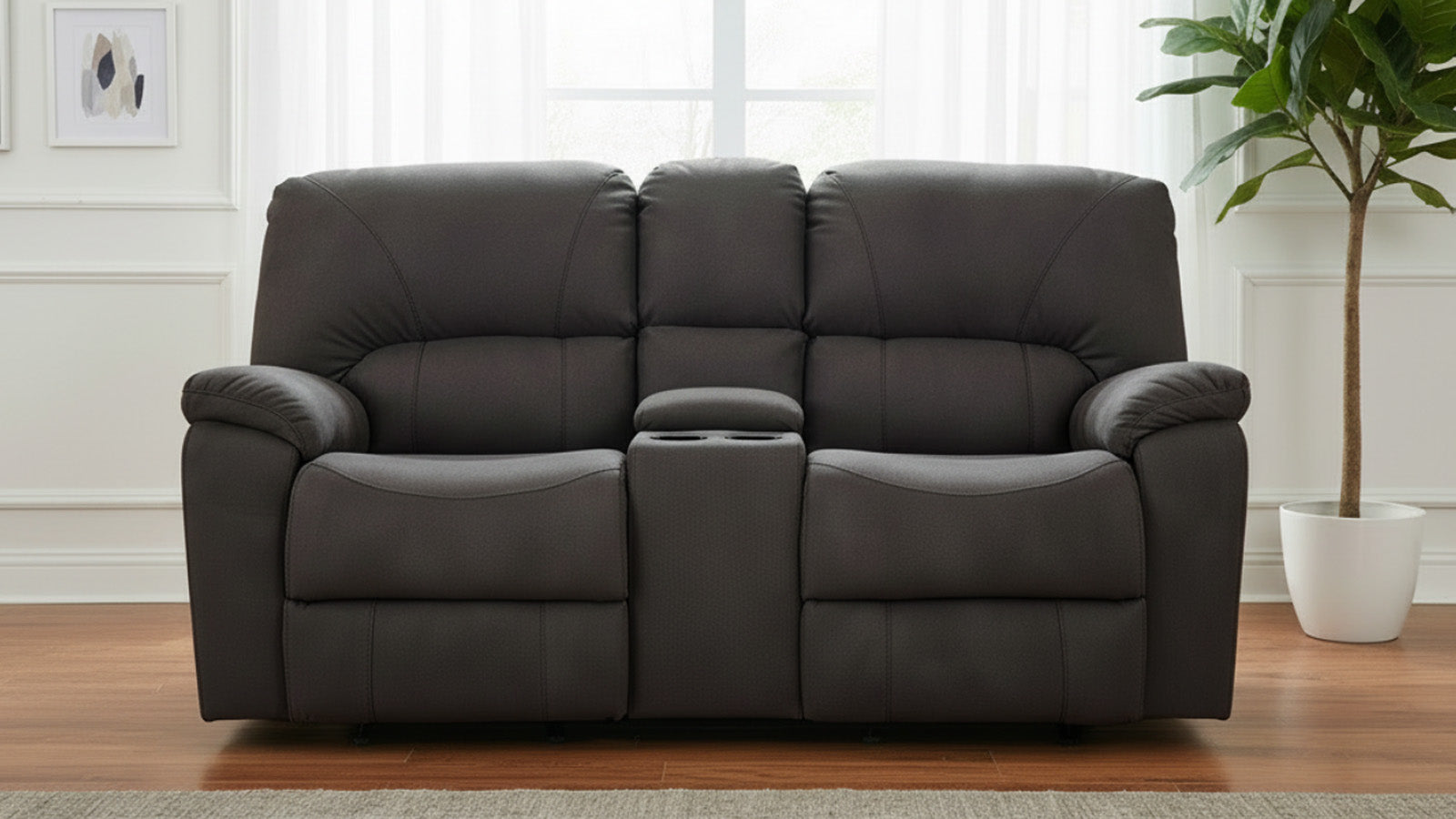 Rhino Pewter Rocking Recliner Console Loveseat w/Reliapel Performance Fabric