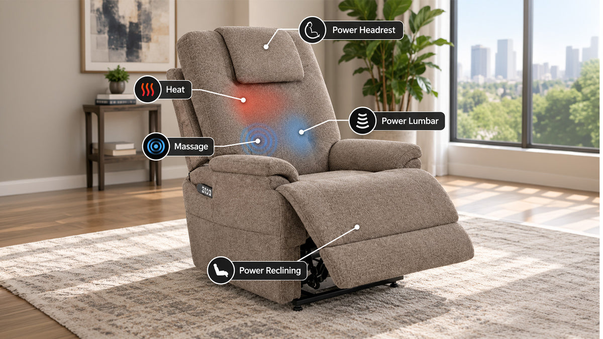 Un sillón reclinable tapizado en color beige, mostrado en un salón moderno, con leyendas superpuestas que indican las funciones de calefacción, masaje, reposacabezas eléctrico, soporte lumbar eléctrico y reclinación eléctrica.