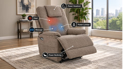 Un sillón reclinable tapizado en color beige, mostrado en un salón moderno, con leyendas superpuestas que indican las funciones de calefacción, masaje, reposacabezas eléctrico, soporte lumbar eléctrico y reclinación eléctrica.