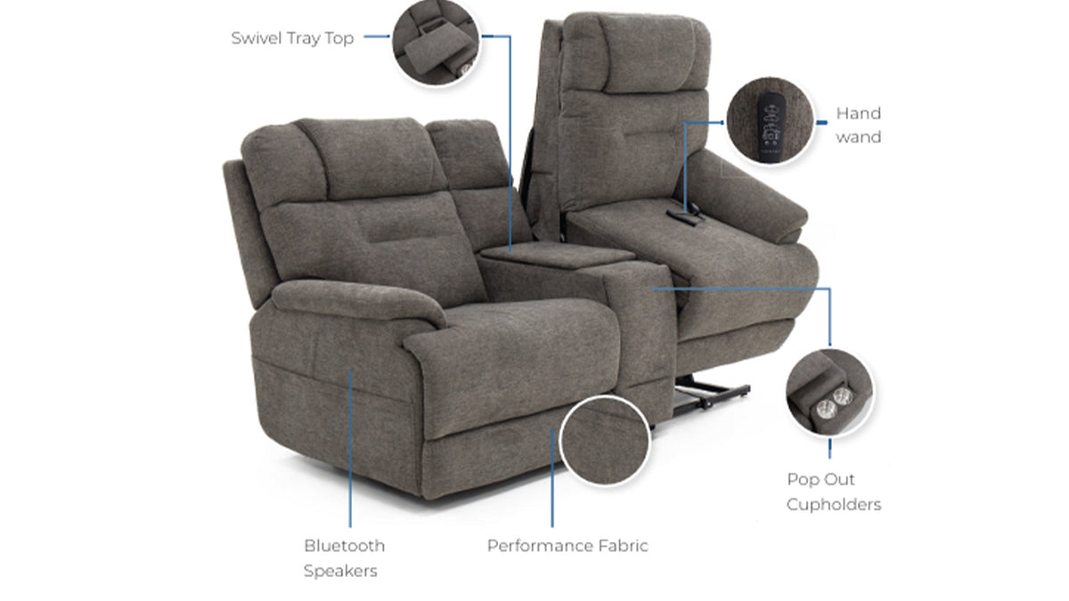 MacZcliner Umber Grey Dual Power Lift Reclining Loveseat with Console – Assistive Sleep Chair | Gallery Furniture