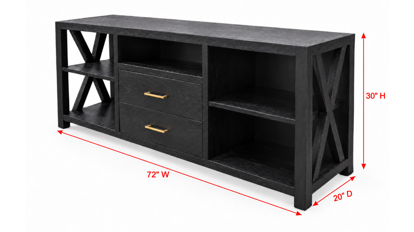 Black wooden media console with two drawers featuring gold handles and open shelving, shown with red dimension lines indicating 72 inches wide, 30 inches high, and 20 inches deep on a white background.