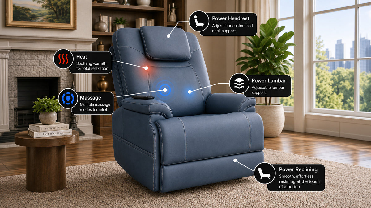 A blue power recliner chair shown in a living room setting with callout labels pointing to heat, massage, lumbar support, headrest, and reclining functions.