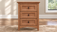 product shot of an almond nightstand in a room