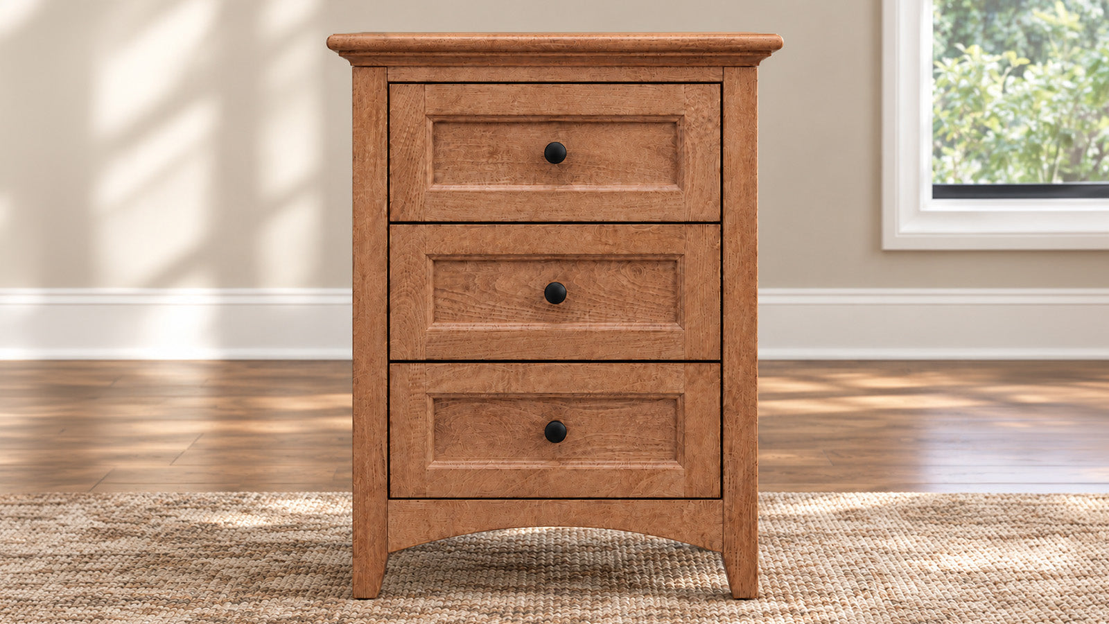 product shot of an almond nightstand in a room