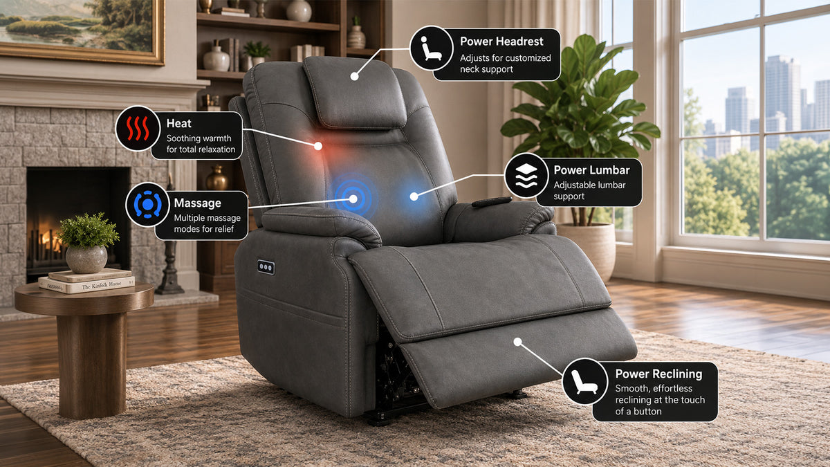 A dark gray electric recliner chair shown in a living room setting with multiple callout labels pointing to heated, massaged, and reclining features. The chair is positioned on a beige rug in front of a fireplace and large window with city views.
