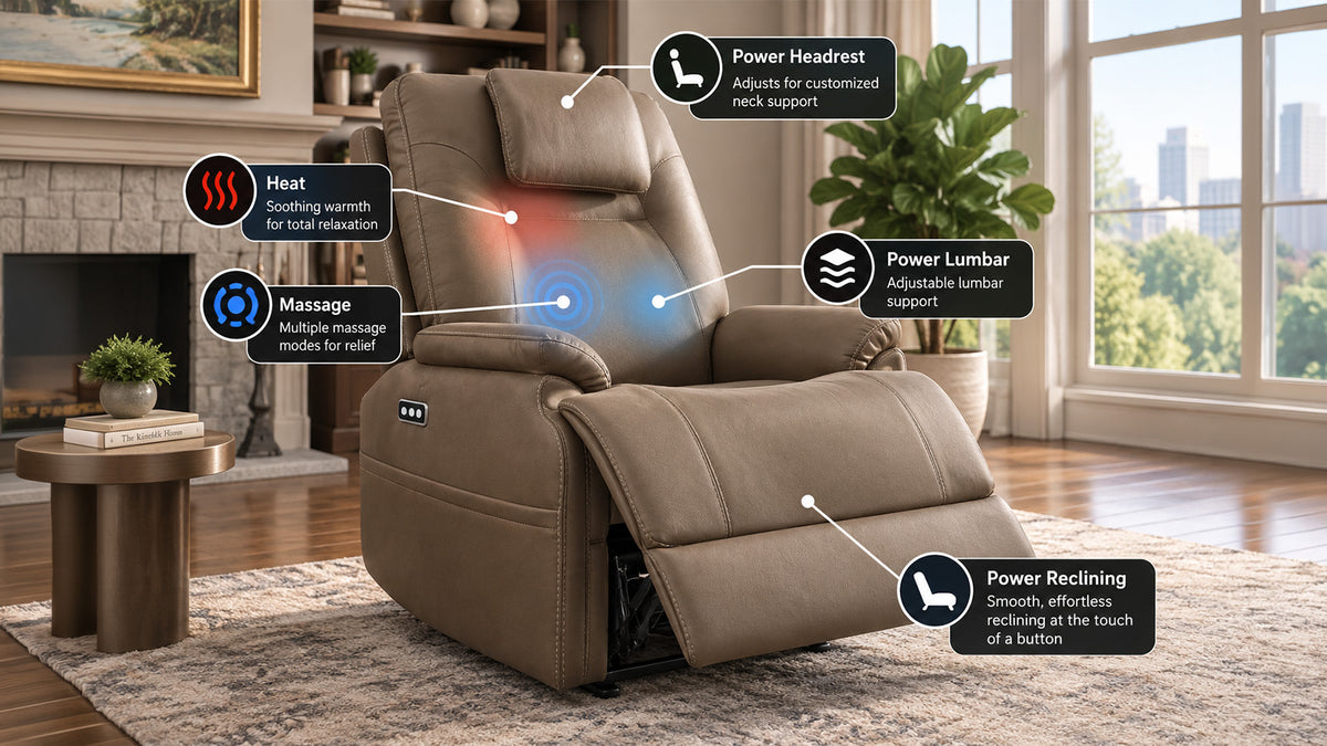 A beige power recliner chair shown in a living room setting with overlaid callouts explaining features such as power headrest support, heat, massage, lumbar support, and reclining. The room includes a fireplace, windows, a plant, and a side table.