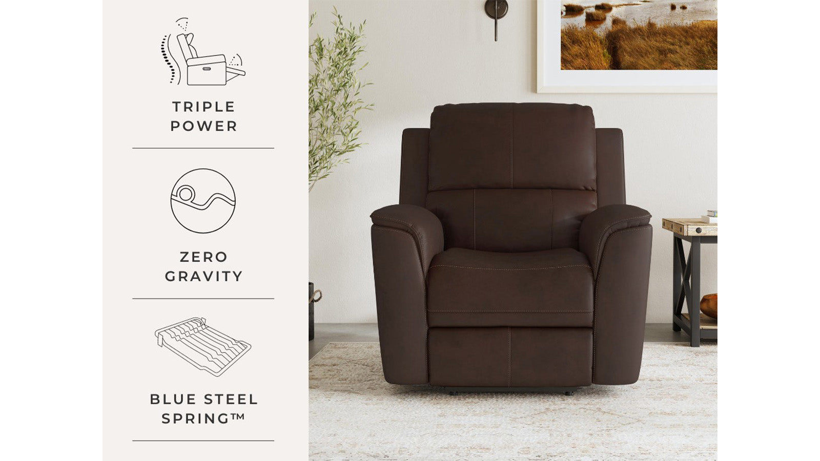 Sillón reclinable eléctrico «Match Zero Gravity» de cuero marrón umbra de Big Spring – Sillón tapizado para salón | Gallery Furniture
