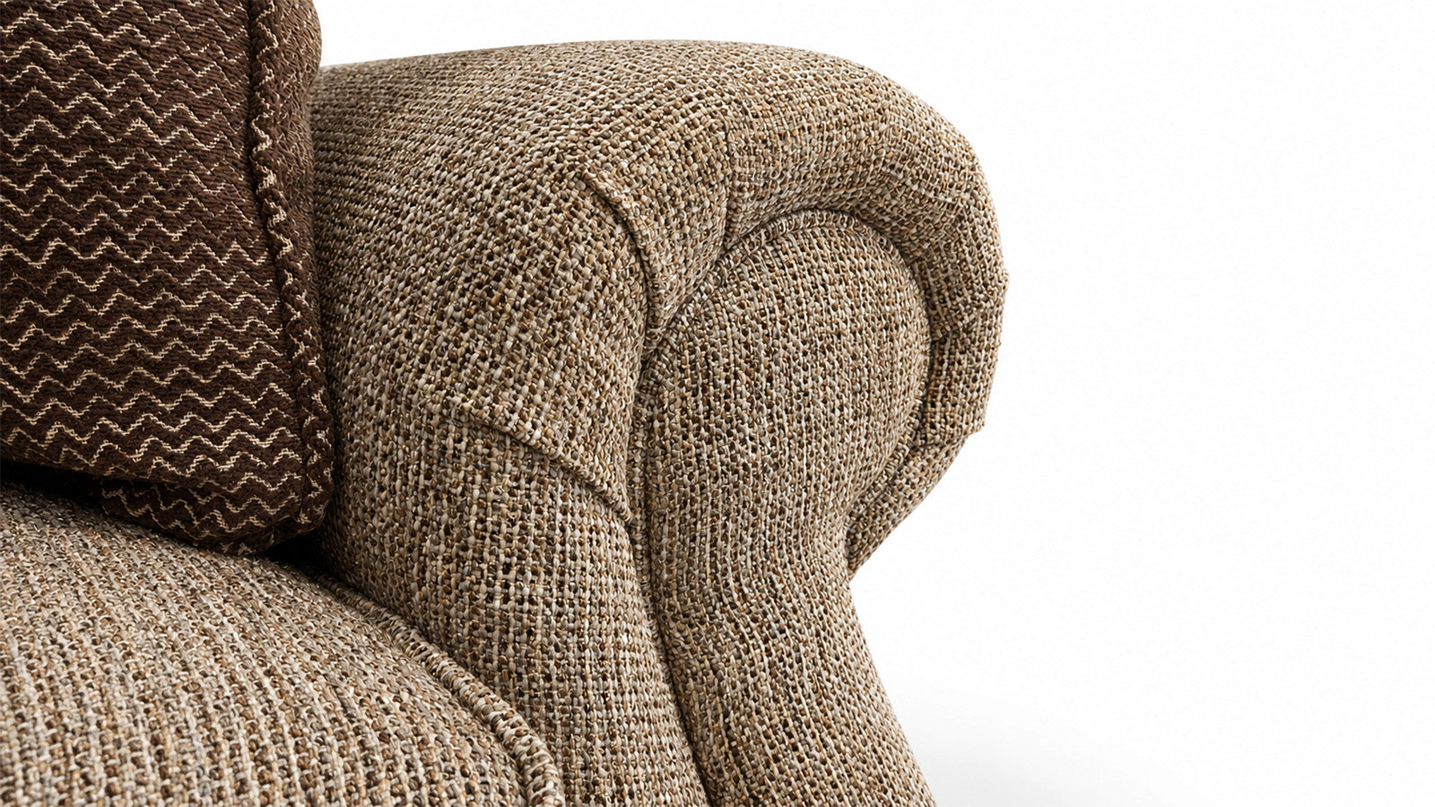 Close-up of a textured brown armchair on a white background