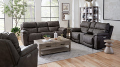 Gray sectional sofa set in a living room with wooden coffee table and decor.