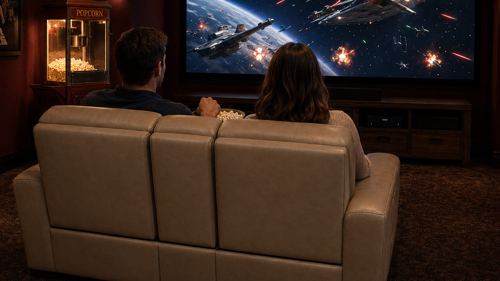 Dos personas sentadas en un sofá viendo una película de ciencia ficción con naves espaciales en la pantalla.