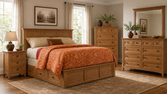 Cama con mesitas laterales y 6 cajones «King Size Lake Houston Amish», de madera maciza de arce con acabado en color almendra