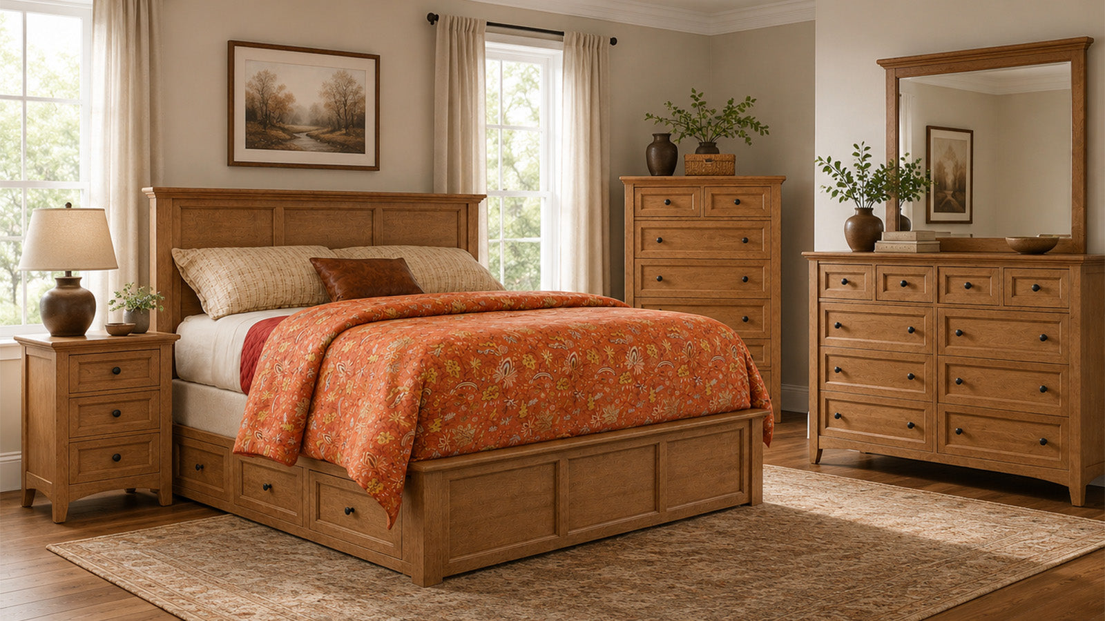 Cama con mesitas laterales y 6 cajones «King Size Lake Houston Amish», de madera maciza de arce con acabado en color almendra