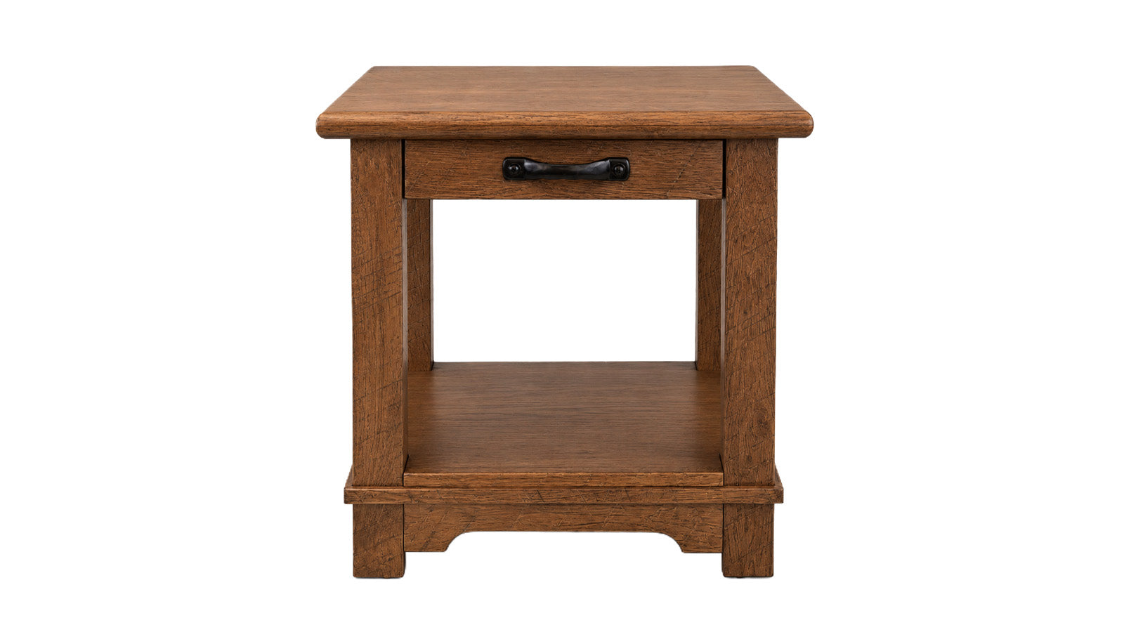 A rustic wooden end table with a single drawer featuring a black metal pull handle, a lower shelf, and a warm medium-brown finish, shown against a plain white background.