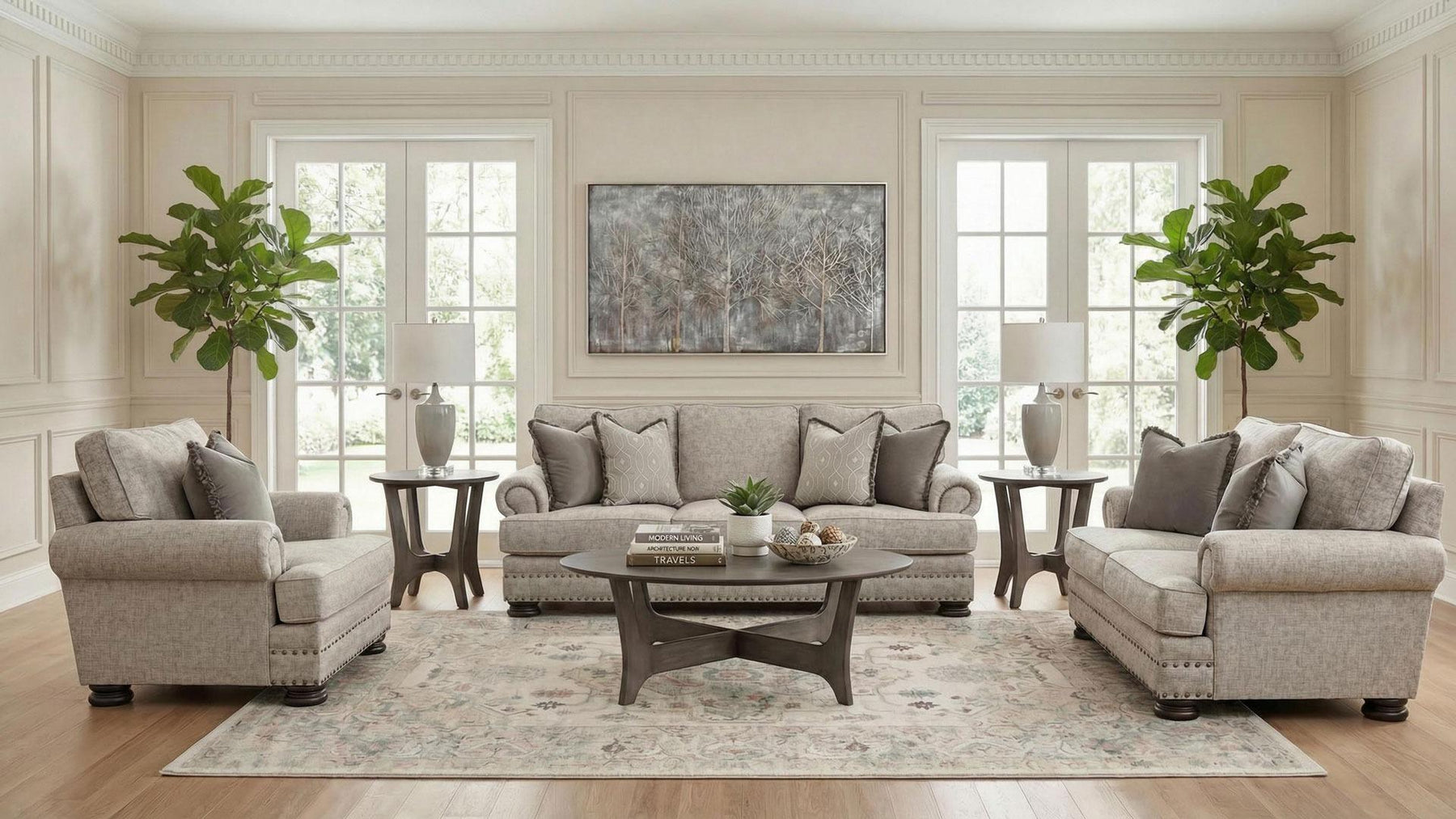 Living room with gray sofa set, coffee table, and decorative elements.