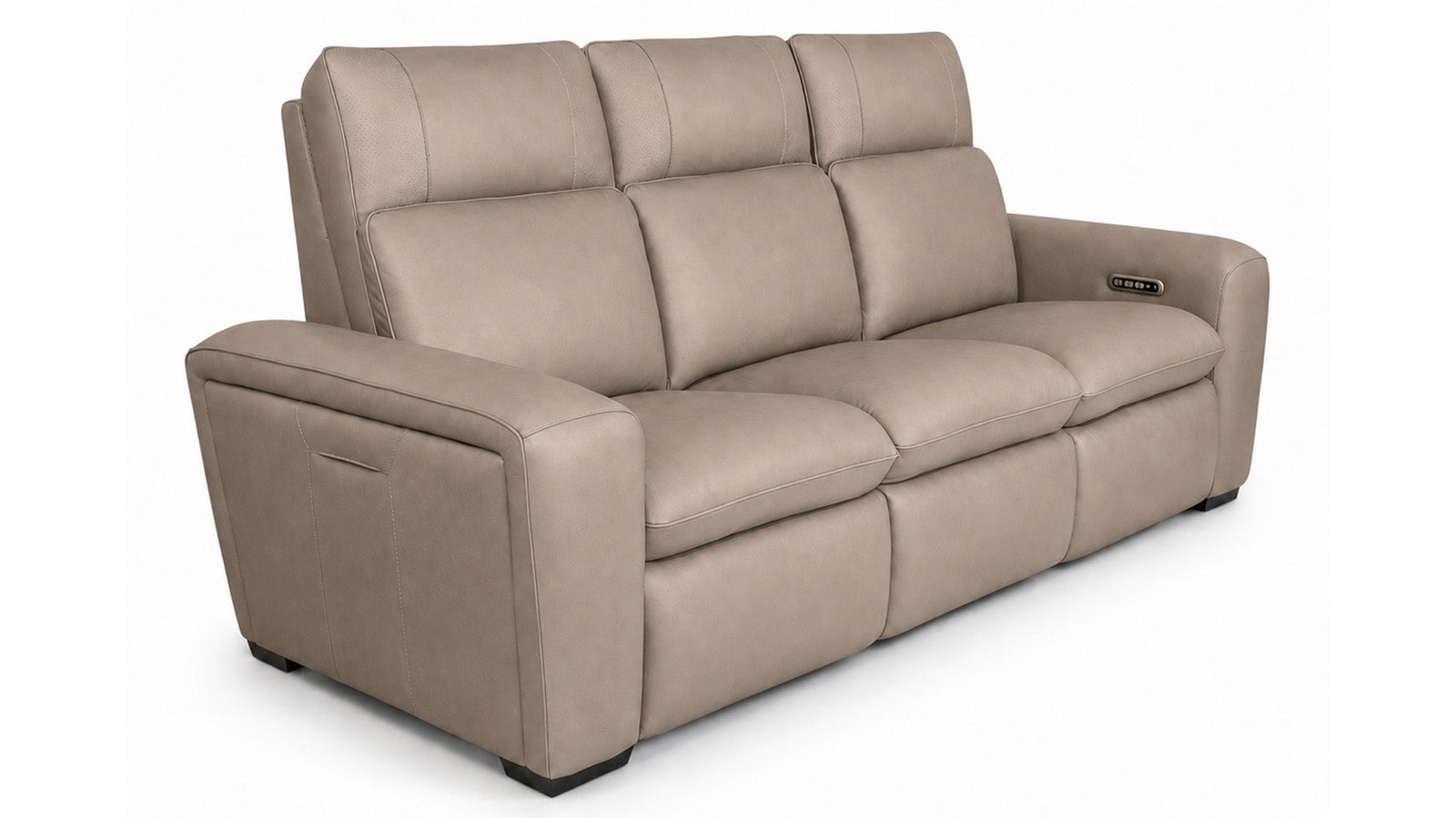 Beige leather sofa with power reclining feature on a white background