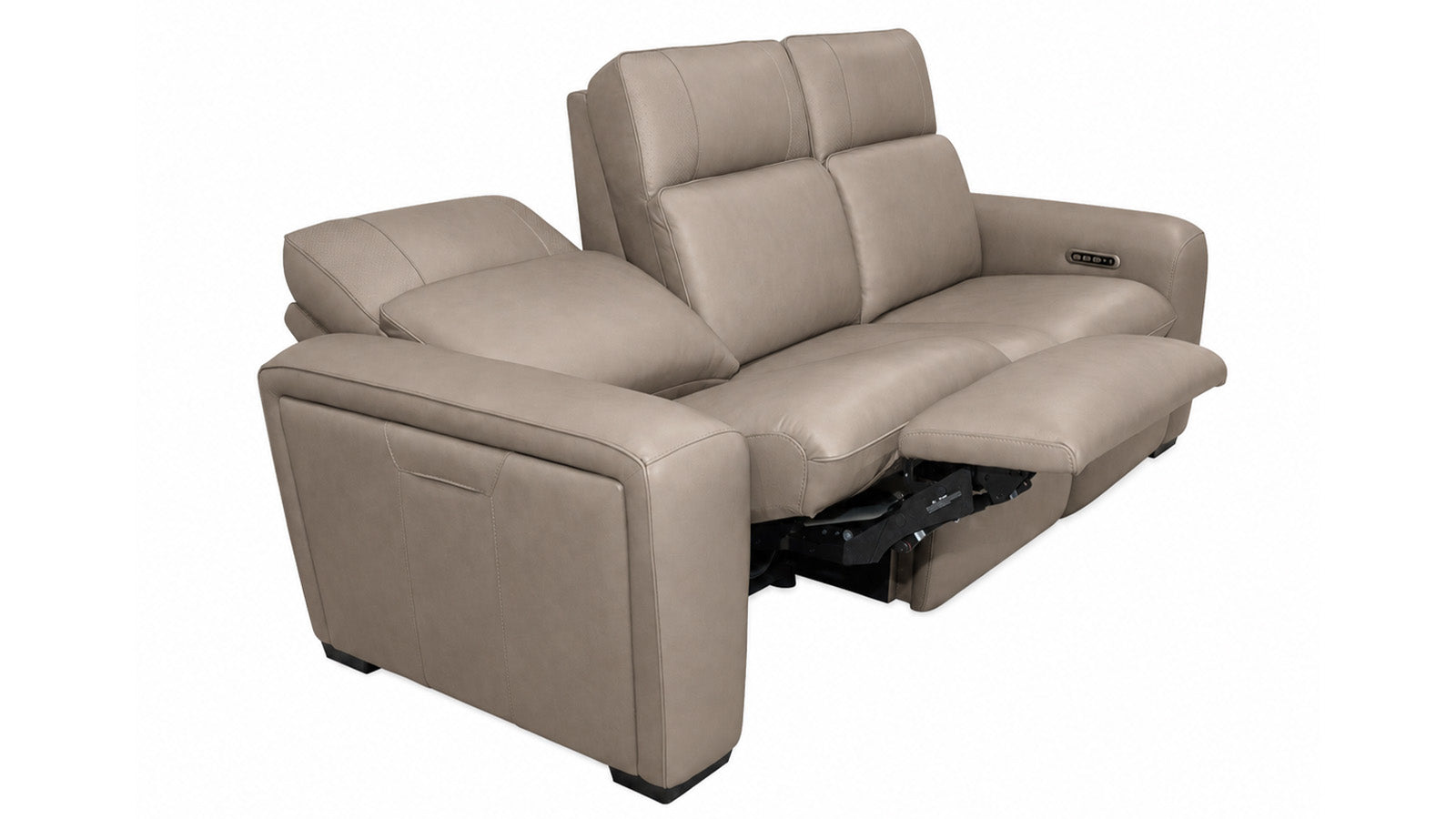 Beige reclining sofa with power features on a white background